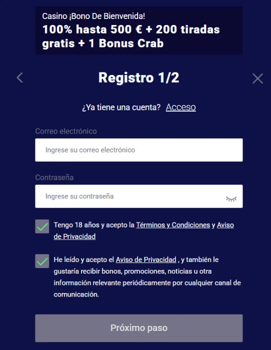 Frumzi Casino formulario de registro con bono de bienvenida y 200 tiradas gratis