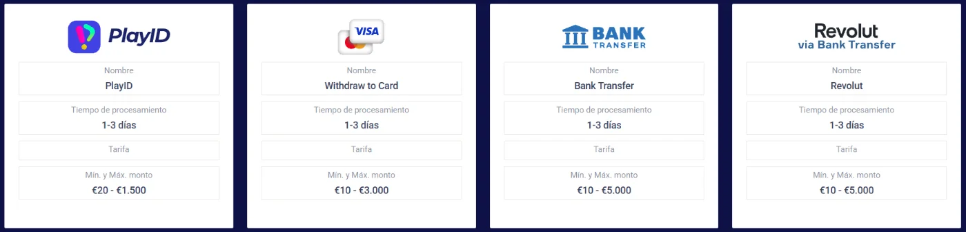Frumzi Casino métodos de retiro con PlayID, tarjeta, transferencia bancaria y Revolut