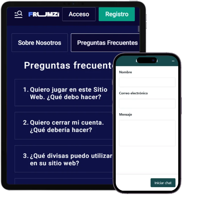 Frumzi Casino sección de preguntas frecuentes con formulario de chat en vivo
