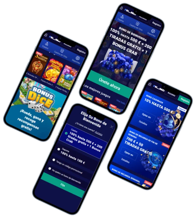 Frumzi Casino versión móvil con slots, bono de bienvenida, promociones y selección de bonos